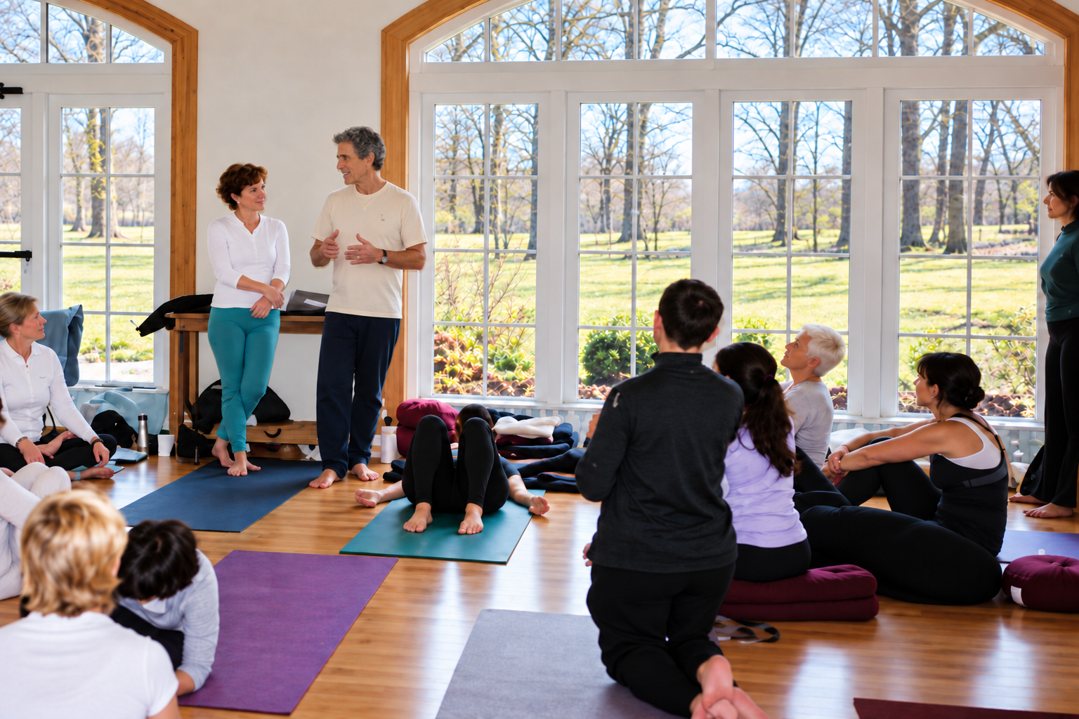 Sam and Lauri working with students in a yoga workshop